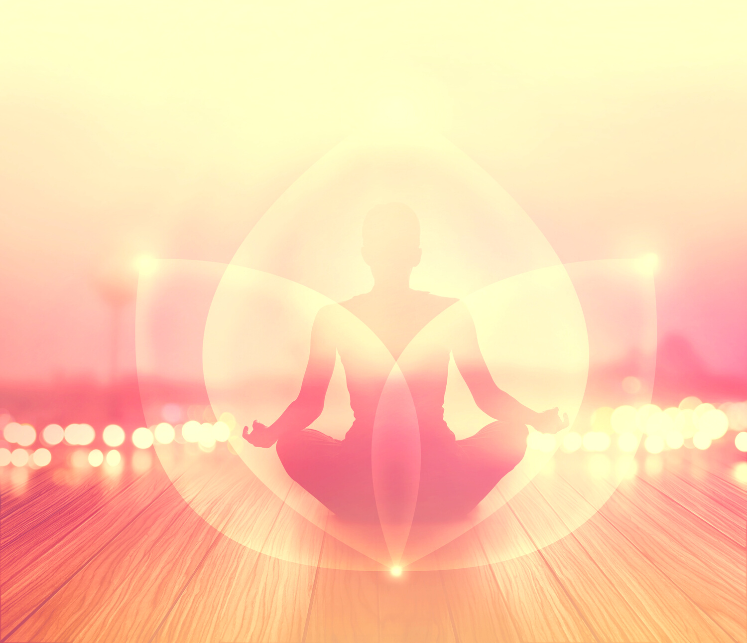 Abstract woman was meditating in sunrise and rays with energy